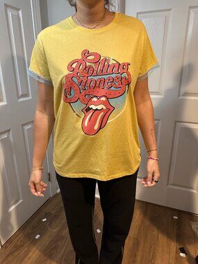 Upcycled Rolling Stones Yellow Band Tee with Rhinestones and Blue Lace